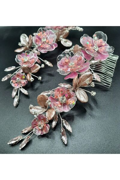 gelin İkili tasarım toka ,Pembe çiçekli toka,yantoka,gelin saç aksesuarı