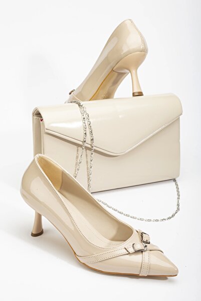 Satenora Valeria Beige Patent Leather Stiletto & Bag Set