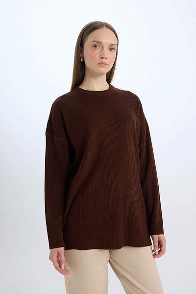 DeFacto Relax Fit Crew Neck Basic Απλό Πλεκτό Πουλόβερ τουνίκ E2938ax24wn