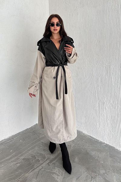 Deafox Black Double Color Belted and Lined Faux Leather Trench Coat