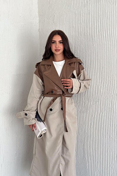 Deafox Kahverengi Çift Renkli Kuşaklı Ve Astarlı Suni Deri Trençkot