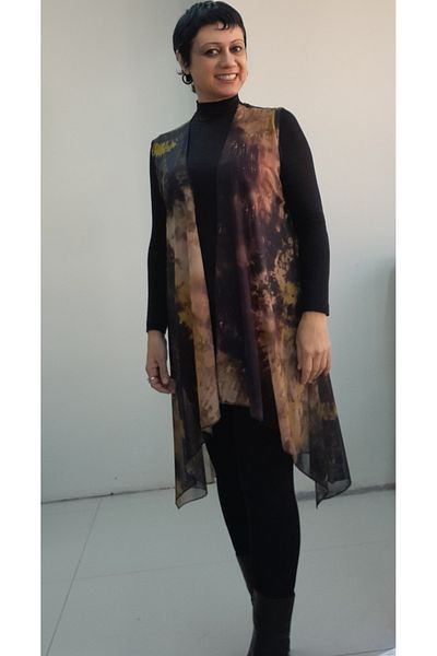 Mertcan Butik Shabby Asymmetrical Silk Tulle Vest with Black Tie Dye Print