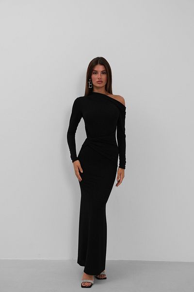 Black Fashion Off-The-Shoulder Black Dress with Stone Detail