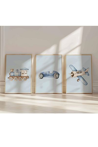 Home Set de 3 avioane, mașini și trenuri albastru gheață, cameră pentru copii și bebeluși, set de poster fără cadru 3 buc