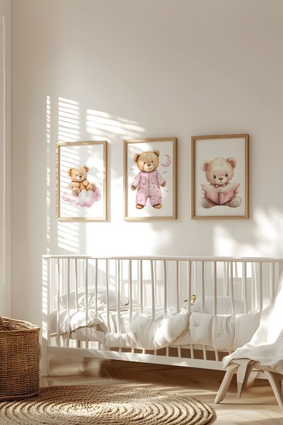 Home 3'lü Pudra Pembesi, Uyku Ayıcığı Seti Çocuk ve bebek Odası 3'lü Çerçeves...