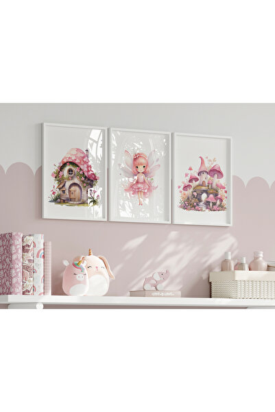 Home 3'lü Pudra Pembesi, Pirenses Melek Seti Çocuk ve bebek Odası 3'lü Çerçevesiz Poster Seti