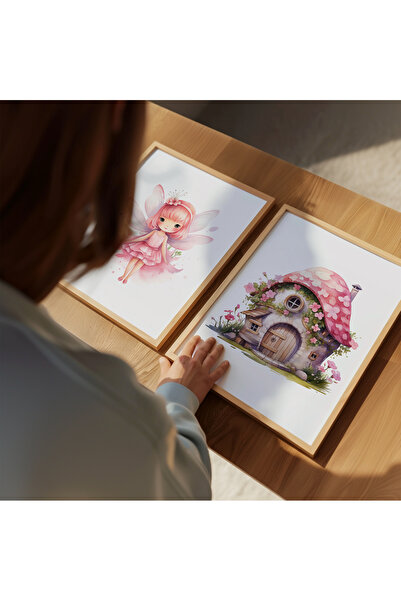 Home 3'lü Pudra Pembesi, Pirenses Melek Seti Çocuk ve bebek Odası 3'lü Çerçevesiz Poster Seti