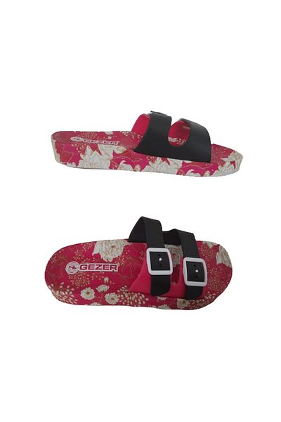 GEZER Papuci de mers zilnic pentru femei, negru-roșu, cu model floral, cu cataramă dublă, talpă anti-alunecare