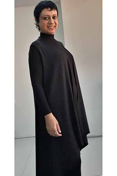 Mertcan Butik Black Glitter Asymmetrical Loose Knitwear Look Knitted Vest