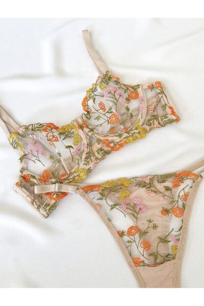 ARONA Ten Renkli Çiçek Desen Işlemeli Balenli Tül Sütyen Tanga Iç Çamaşırı Ta...