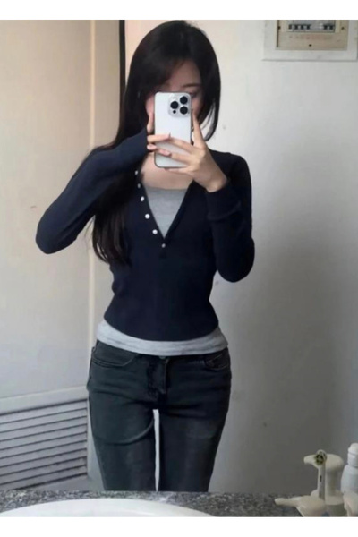 Köstebek Buttoned Gray Spliced Long Sleeve Navy Blue Sweatshirt