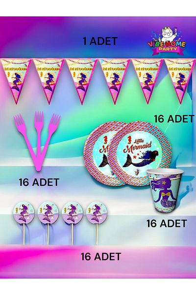 VibeHome Mermaid Themed Eco Set for 16 - Birthday Party and Fun Events