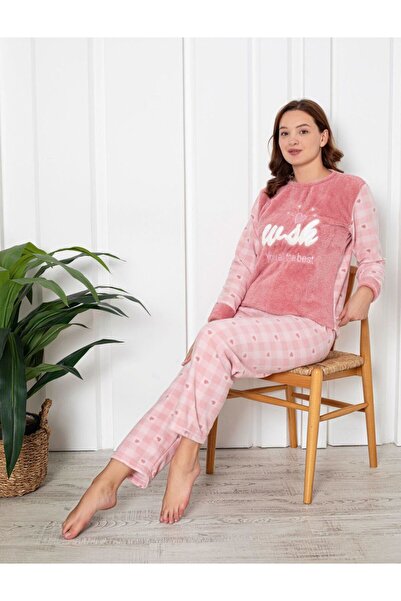 tusem butik homewear Дамски комплект пижама с дълги ръкави от полар с розов сърцевиден мотив