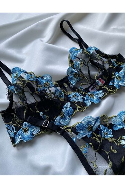 ARONA Set sutien cu flori albastre Brode Underwire