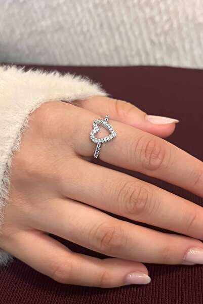 TREND COLLECTİON Zirkon Taşlı Kalp Model Ayarlanabilir Gümüş Kaplama Kadın Yüzük