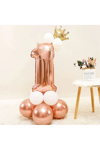 DÜVENCİ TİCARET Rose Gold King Crown Number Foil Age Balloon Set