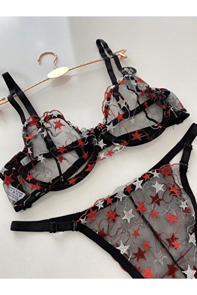 ARONA Bordo Gümüş Rengi Yıldız Desenli Balenli Sütyen Takımı - Lingerie Haven