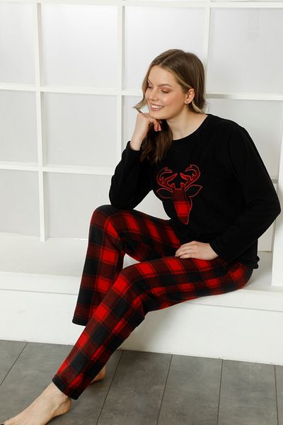 shopshop Women's Winter Deer Detailed Plaid Warm Welsoft Fleece Pajamas Set