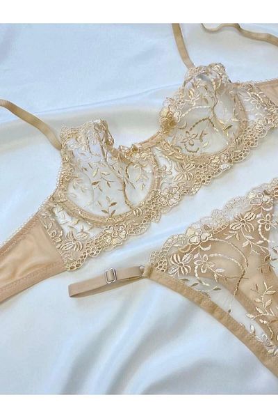 ARONA Beige Nude Nude Underwire Brode Bra and Thong Set - Lingerie Haven