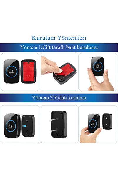 TruvaTicaret 2 Alıcılı Kablosuz Kapı Zili Logosuz Tasarım Uzaktan Kumandalı Led Işıklı Kapı Zili Yüksek Sesli