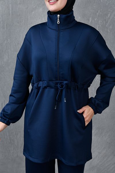 4S1B FASHION Diving Fabric Pocket Detailed Zippered Oversize Hijab Clothing Navy Blue Tracksuit Set 1024