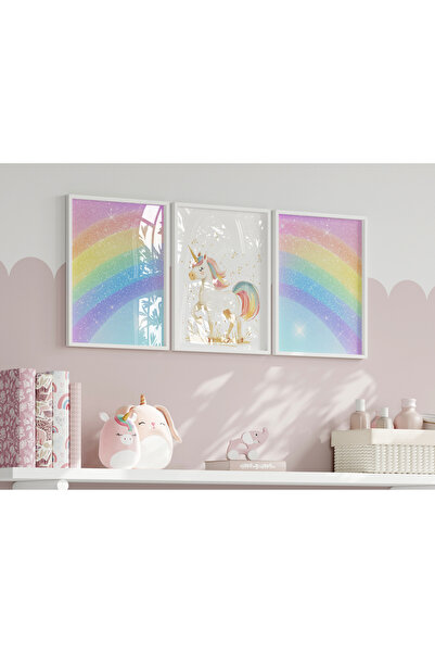 Home tatlı  uniqcorn ve gökkuşağı Tasarımlı Çocuk ve bebek Odası 3'lü Çerçeve...