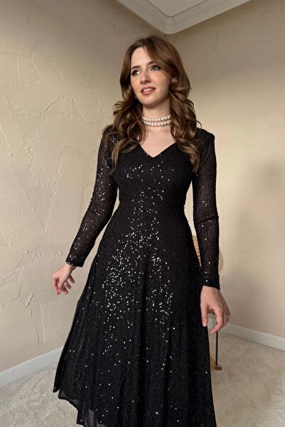 HELİS BUTİK Parla černé flitrové třpytivé šaty midi délky