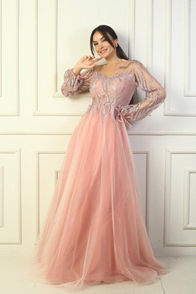 By Saygı Γυναικείο μακρύ βραδινό φόρεμα με παγιέτες με λεπτομέρεια με κορδόνια στην πλάτη