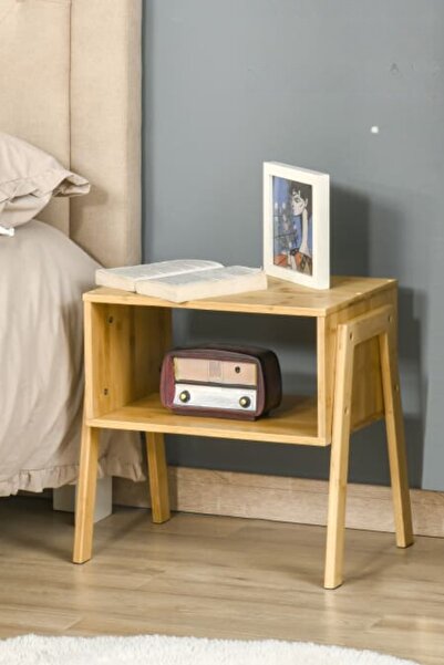 Meturas Dekoratif Bambu 2 Katlı Raflı Yan Sehpa ve Komodin Sehpa 43x42x32,5 cm