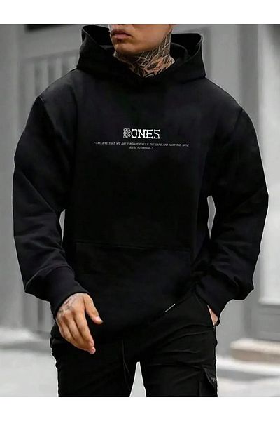zunop Men's Black Bones Printed Hooded Oversize Sweatshirt