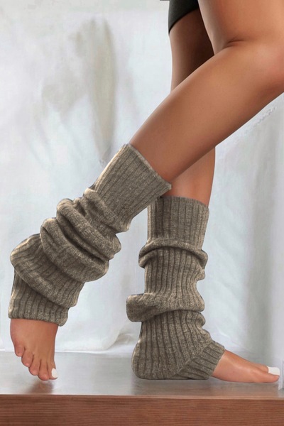 Nitesheys Ciorapi de iarnă din lână naturală, bej, pentru femei, cu șosete groase, fără degete, pentru yoga, peste genunchi