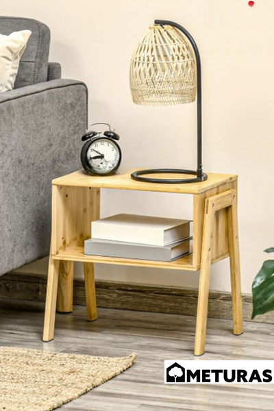 Meturas Dekoratif Bambu 2 Katlı Raflı Yan Sehpa ve Komodin Sehpa 43x42x32,5 cm