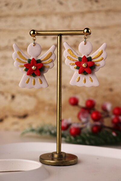 Gizy Store Polymer Clay Poinsettia Detail Angel Earrings Christmas Gift White Women's Earrings with Angel