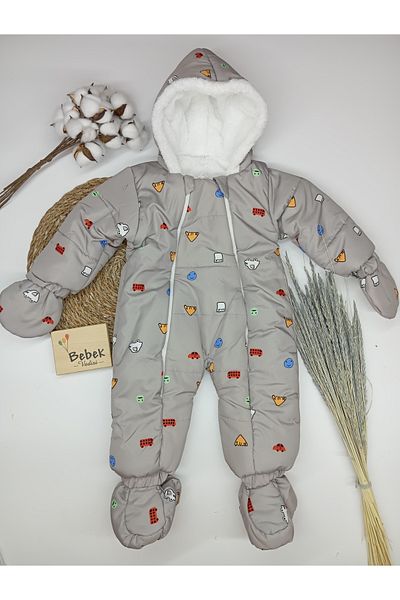 MAİBELLA Winter Baby Girl and Boy Gloves - Astronaut Jumpsuit with Car Bus Pattern, Furry Booties and Hood