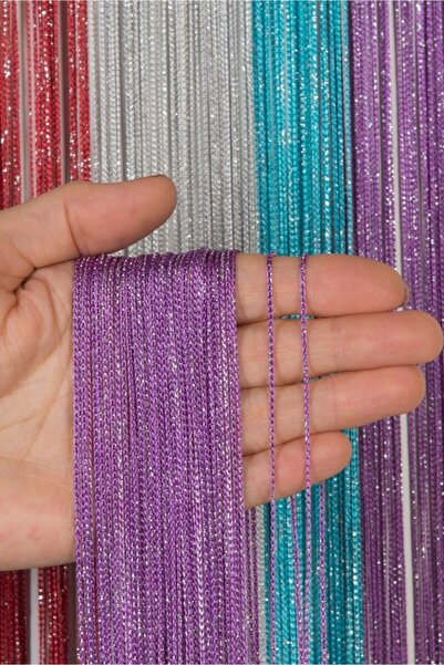 Saççax Exclusive Eflatun-Gümüş Renk Simli İnce Zincir Serisi İp Perde