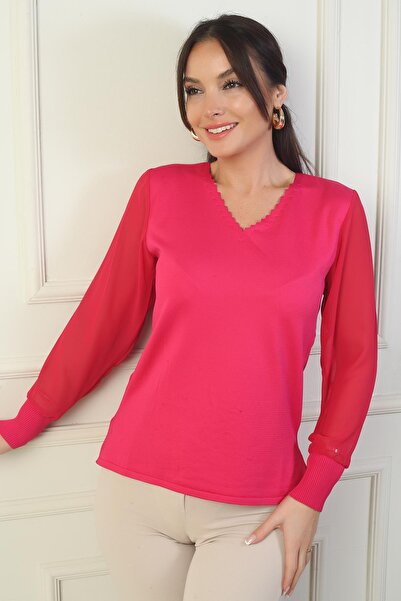 By Saygı Women's Ladder V Neck Sleeves Chiffon Sweater