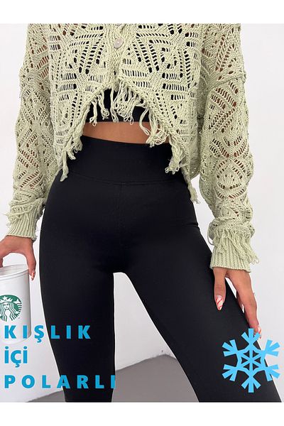 CNRCollection Colanți tricotați din oțel cu corset cu talie înaltă din lână neagră de iarnă