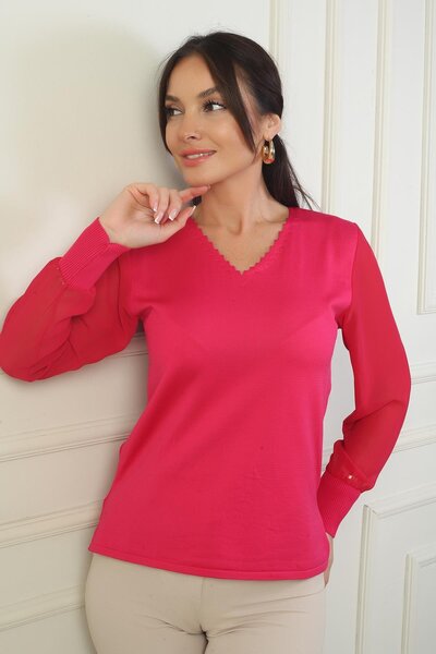 By Saygı Women's Ladder V Neck Sleeves Chiffon Sweater