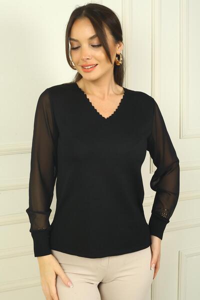 By Saygı Women's Ladder V Neck Sleeves Chiffon Sweater