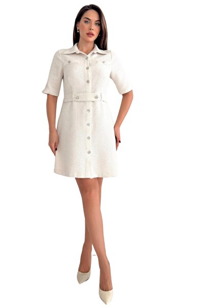 Moda Amore Şanel Kumaş Gömlek Yaka Önden Düğme ve Kemer Detaylı Yarım Kol Kadın Elbise 025