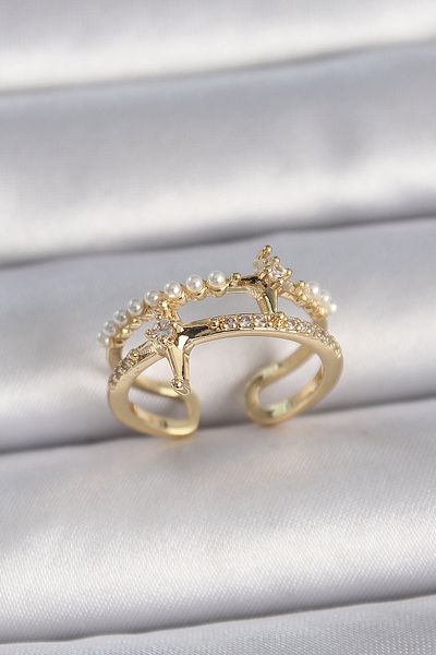 Clariss Brass Gold Color Adjustable Zircon Stone Pearl Star Model Women's Ring