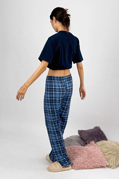 Betimoda Pantaloni de pijama de damă cu model cu panglică albastră - 100% bumbac, talie elastică