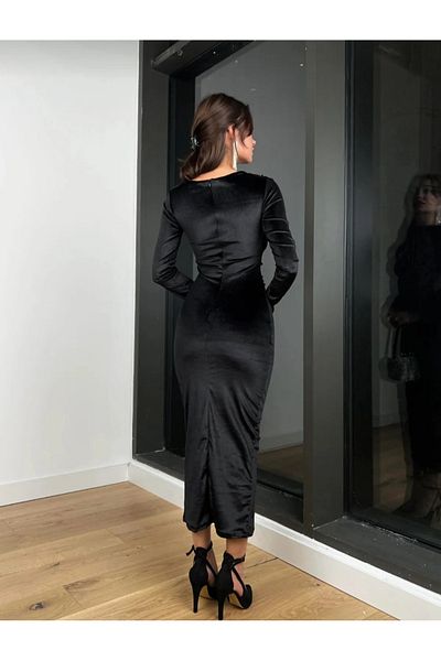 Butik Drape Detailed Long Sleeve Velvet Evening Dress