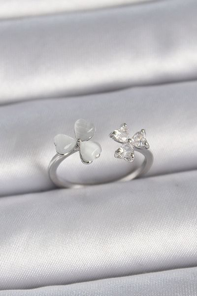 HERŞEYBURDAMODA Brass silver color adjustable zircon stone white enamel heart model women's ring