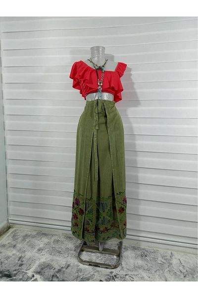 EREN STYLE Pantaloni puzzle largi din harem brodat cu broderie autentică (103 cm)