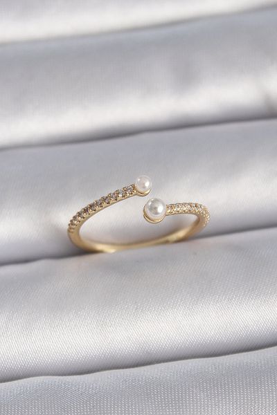 SeyCey.co Brass Gold Color Adjustable Row Zircon Stone Pearl Detail Women's Ring