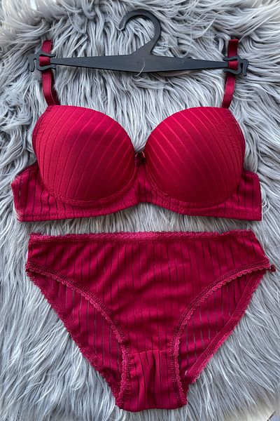 Parlé Bien Women's Burgundy Striped Padded 2-Piece Suede Panties Underwear Set