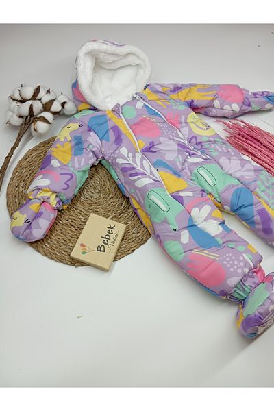 MAİBELLA Winter Baby Girl and Boy Astronaut Jumpsuit - Elephant Flower Pattern, Furry Booties, Gloves, Hood