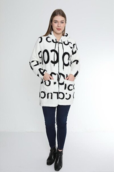 DHDmoda Beyaz Üstü Yazılı Kapüşonlu Welsoft Peluş Ceket