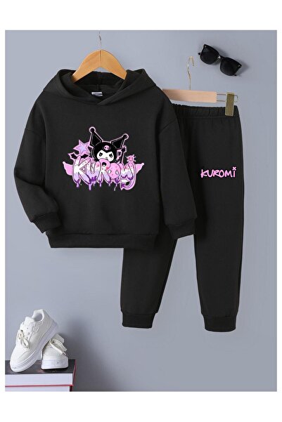 Massgai Детски комплект анцуг от памук с качулка и горна и долна част с принт на графити Kuromi